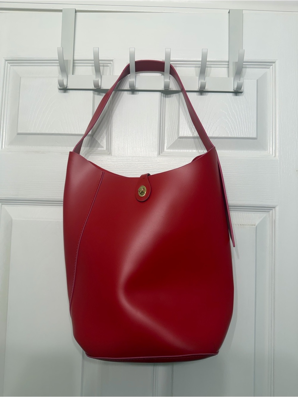 Red Faux Leather Shoulder Bucket Bag